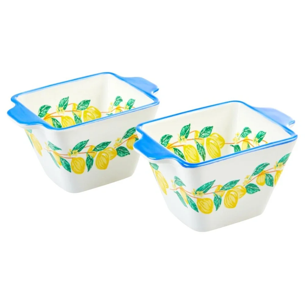 Ceramic Lemon Pattern Rectangular Baking Dishes with Blue Rim - Set of 2